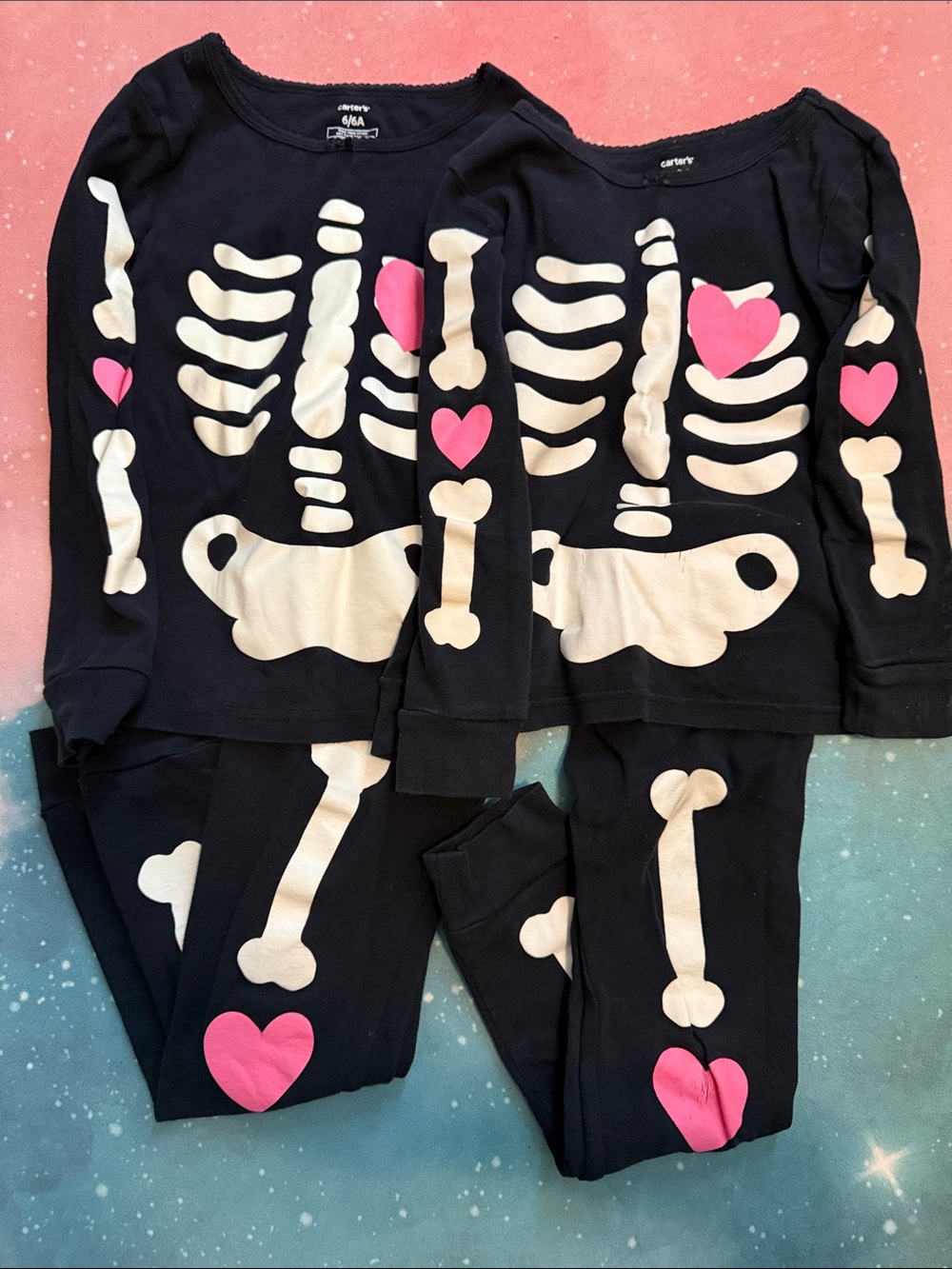 Carter's Black Pajama Set White Skeleton and Pink Hearts Accents size 6 & 5